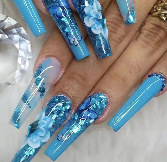 Glitter Blue Handmade Nails